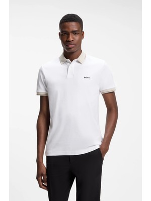 Boss Erkek Dar Kesim Pamuklu Kısa Kollu Beyaz Polo Yaka T-Shirt 50564688-100