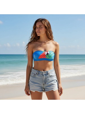 Bonbon Kadın Plaj Giyim Mavi Renk Baskılı Straplez Bikini Üst BB2723