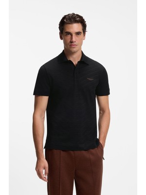 Boss Erkek Normal Kesim Logo Etiketli Pamuklu Jakarlı Kısa Kollu Siyah Polo Yaka T-Shirt 50565174-001