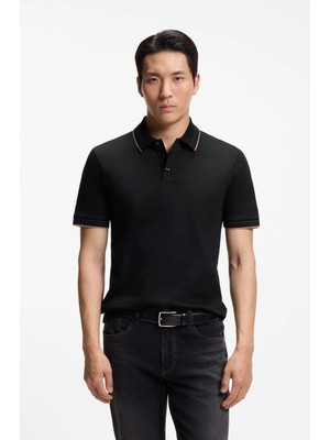 Boss Erkek Dar Kesim Nefes Alabilen Merserize Pamuklu Kısa Kollu Siyah Polo Yaka T-Shirt 50565587-001