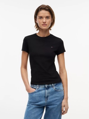 Tommy Hilfiger Kadın Dar Kesim Logo Imzalı Yuvarlak Yakalı Pamuklu Kısa Kollu Siyah T-Shirt DW0DW20459-BDS