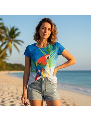 Bonbon Kadın Plaj Giyim Mavi Renk Baskılı Kısa Kollu Tshirt BB2727