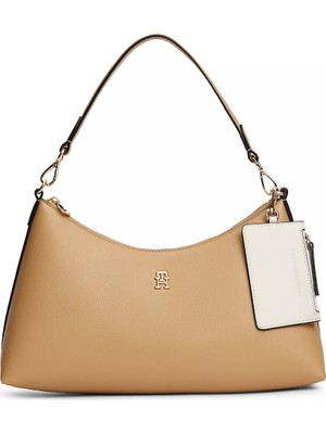 Tommy Hilfiger Kadın Çıkarılabilir Mini Cüzdanlı Fermuarlı Kısa Kulplu Th Monogram Logolu Bej Omuz Çantası AW0AW18720-RBL