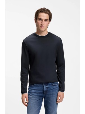 Boss Erkek Normal Kesim Yuvarlak Yakalı Yumuşak Merserize Pamuklu Uzun Kollu Lacivert T-Shirt 50565601-404