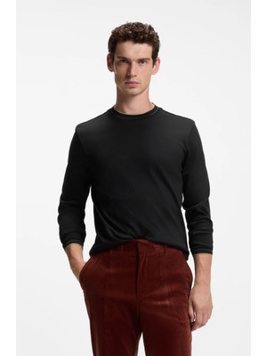 Boss Erkek Normal Kesim Yuvarlak Yakalı Yumuşak Merserize Pamuklu Uzun Kollu Siyah T-Shirt 50565601-001