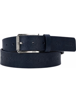 Boss Erkek Gümüş Tonlu Metalik Tokalı Logo Kabartmalı Hakiki Deri Lacivert Kemer 50568673-401