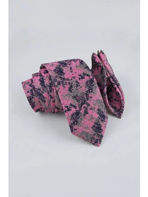 Milleniva Batik Desenli Pembe Gri Kravat & Mendil