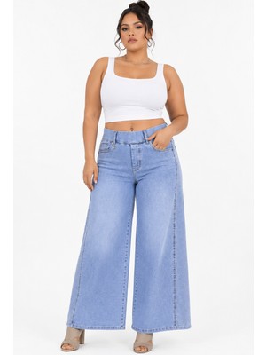 Zanessi Büyük Beden Denim Taşlı Yüksek Bel Geniş Paça Kadın Pantolon