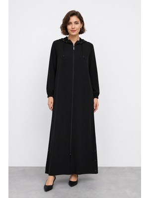 Bihan Store Kadın Boydan Fermuarlı Çıkarılabilir Kapüşonlu Kap Y26-2623 - Siyah