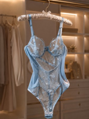 Veloura Mavi Transparan Kalp Desenli Bodysuit