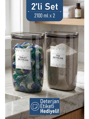 Ironika Etiket Hediyeli Sızdırmaz Kapaklı Tablet Toz Deterjan Saklama Kabı 2100 ml 2 Adet Füme