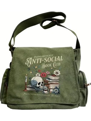 Touz Moda Vintage Anti-Social Baskılı Unisex Haki Postacı Çantası