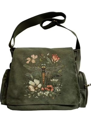 Touz Moda Vintage Bohem Botanik Baskılı Unisex Haki Postacı Çantası