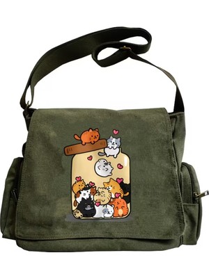 Touz Moda Vintage Sweet Cute Cat Baskılı Unisex Haki Postacı Çantası
