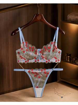 Veloura Kırmızı Çiçekli Mavi Bralet Takım