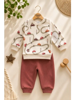 Dinamik çocuk Erkek Bebek Araba Desenli Ribanalı Alt Üst Takım 3-6-9-12 Aylık