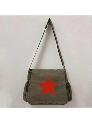 Touz Moda Lagom Moda Red Star Baskılı Unisex Yeşil Postacı Çantası