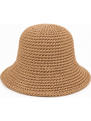 Mollycrush Kadın Camel Hasır Örgü Bucket | Bohem Stil Plaj ve Güneş Şapkası