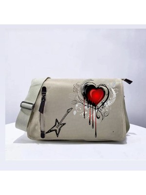 Touz Moda Rock Heart Baskılı Unisex Bej Postacı Çantası