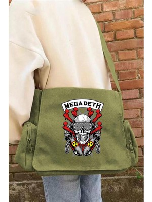 Touz Moda Megadeth Baskılı Unisex Yeşil Postacı Çantası Su Geçirmez Orta Boy Günlük Kullanım İçin Şık Tasarım