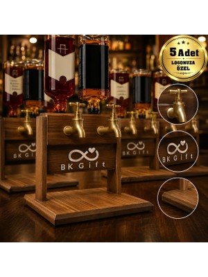 BK Gift Logonuza Özel 5 Adet Çift Pirinç Musluklu Doğal Ahşap Içecek Standı Kurumsal Set