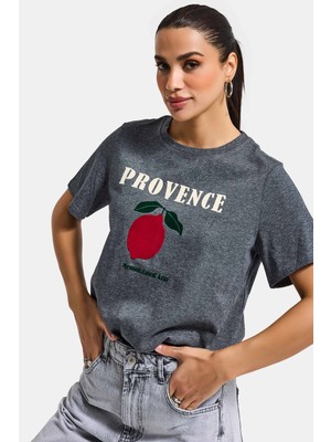 It's Basic Kadın Gri W5 Oversize Baskılı %100 Pamuk T-Shirt