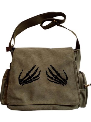 Touz Moda Damlahobi  Skeleton Hands Baskılı Unisex Yeşil Postacı Çantası