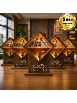 BK Gift Logonuza Özel 5 Adet 2 Litre LED Işıklı Cam ve Doğal Ahşap Içecek Dağıtıcı Seti