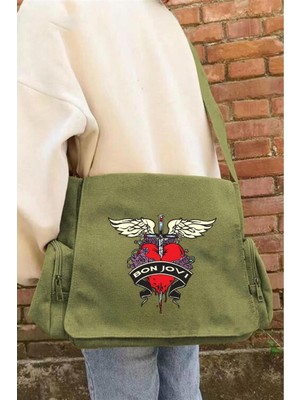 Touz Moda Bon Jovi Baskılı Unisex Yeşil Postacı Çantası