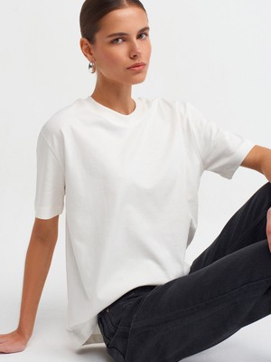 Dilvin Kadın 30312 Dekoratif Dikişli Bisiklet Yaka Tshirt Ekru -101A30312