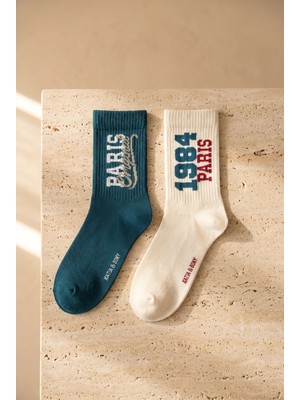 Bony Socks Unisex 2'li Paris Soket Çorap Ekru/yeşil