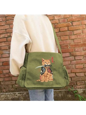 Touz Moda Damlahobi Killer Cat Baskılı Unisex Yeşil Postacı Çantası