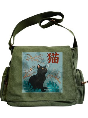 Touz Moda Vintage Japan Cat Baskılı Unisex Haki Postacı Çantası