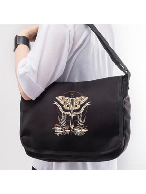 Touz Moda New Colletion   Butterfly & Mushrooms Baskılı Unisex Siyah Postacı Çantası