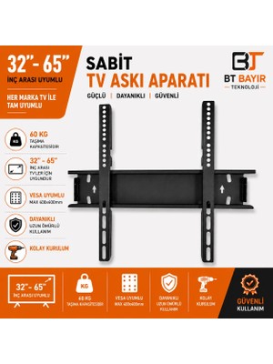 BT Bayır Teknoloji TV Askı Aparatı Metal 32'' 40" 42" 43" 50" 55" 65''  Ekran Boyutu 48 cm Siyah Renk