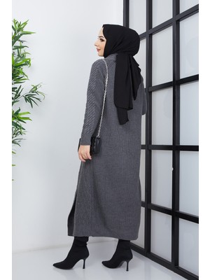 Pamuk Butik Kadın Antrasit Şal Yaka Örgü Detaylı Cepli Triko Hırka