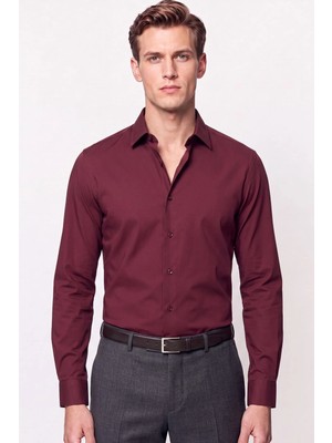 Efor Slim Fit  Pamuklu Bordo Gömlek G 1607
