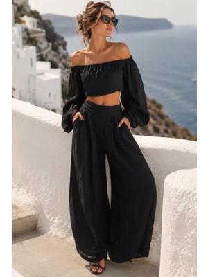 Madmext Siyah Madonna Yaka Bluz Bol Paça Pantolon Kadın Takım MG2863