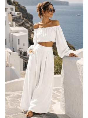 Madmext Ekru Madonna Yaka Bluz Bol Paça Pantolon Kadın Takım MG2863