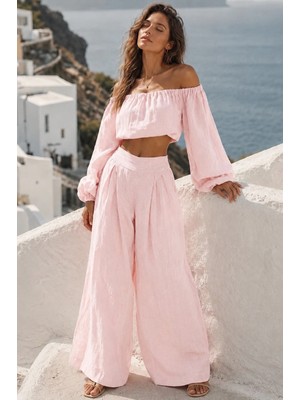 Madmext Pembe Madonna Yaka Bluz Bol Paça Pantolon Kadın Takım MG2863