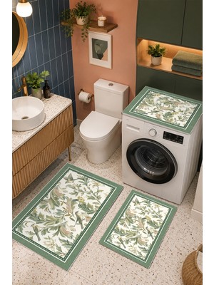 Homenette Modern 3 Parça Banyo Paspas Seti Kaymaz Tabanlı Makinede Yıkanabilir Banyo Halısı Takımı ve Çamaşır Makinesi Matı