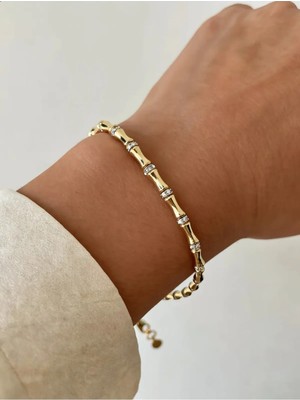 Guvdin Gold Renk Bambu Tasarım Taşlı Bileklik - Minimalist ve Zarif Takı