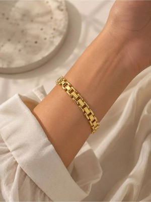 Guvdin 14 K Altın Kaplama Modern Tasarım Gurmet Zincir Bileklik - Gold Renk Zarif Takı