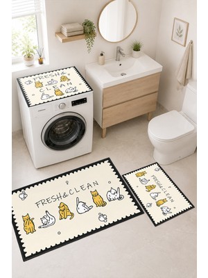 Homenette Modern 3 Parça Banyo Paspas Seti Kaymaz Tabanlı Makinede Yıkanabilir Banyo Halısı Takımı ve Çamaşır Makinesi Matı