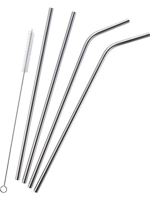4'lü Paslanmaz Çelik Pipet ve Temizleme Fırçası, Meşrubat Pipeti, Yüksek Kalite, Çevre Dostu