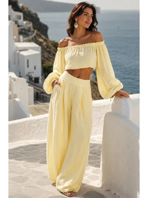 Madmext Sarı Madonna Yaka Bluz Bol Paça Pantolon Kadın Takım MG2863