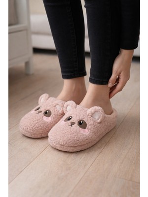 ModaFrato Teddy Bear Kadın Ev Terliği Kışlık Terlik Kauçuk Ses Yapmayan Taban