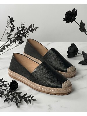 Futsi Shoes Lucıa Siyah Hakiki Deri Dikiş Detaylı Kadın Espadril