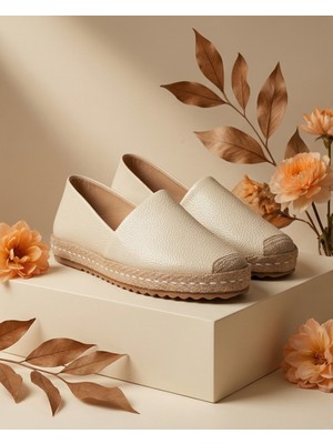Futsi Shoes Lucıa Bej Hakiki Deri Dikiş Detaylı Kadın Espadril