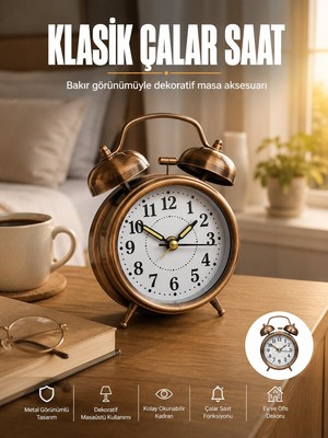 Alkasaz Metal Bronz Nostaljik Masa Saati Alarmlı Büyük Boy Sessiz Mekanizmalı - ALKHBY4846-4592